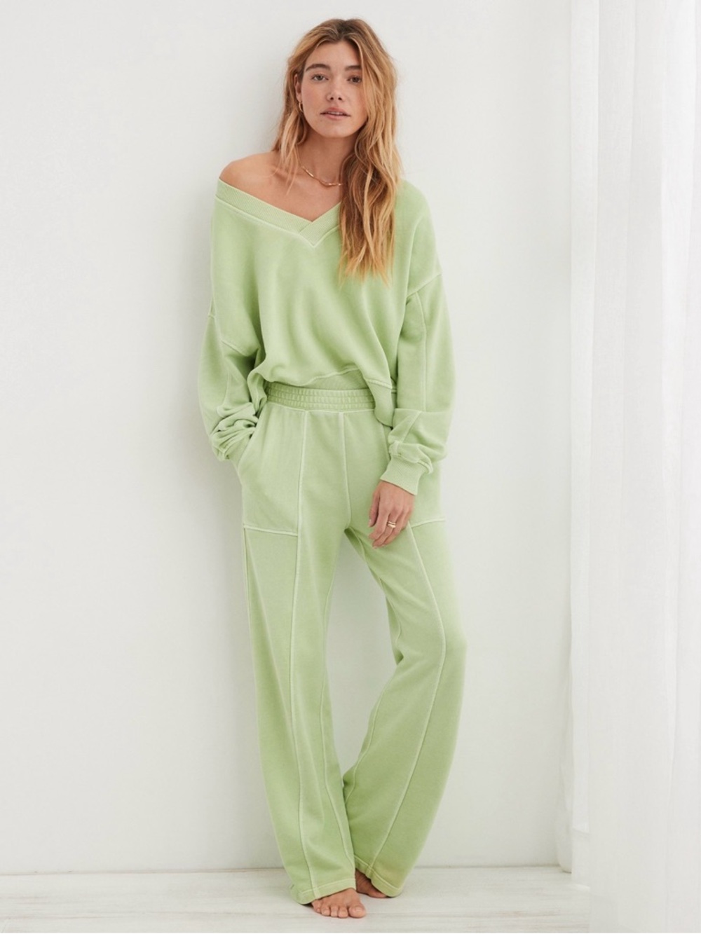 Aerie Wide-Leg Lounge Pants Set - Light Green